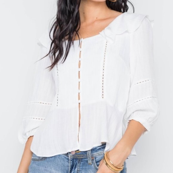 undefined Tops - White Crochet Trim Button Down Boho Top